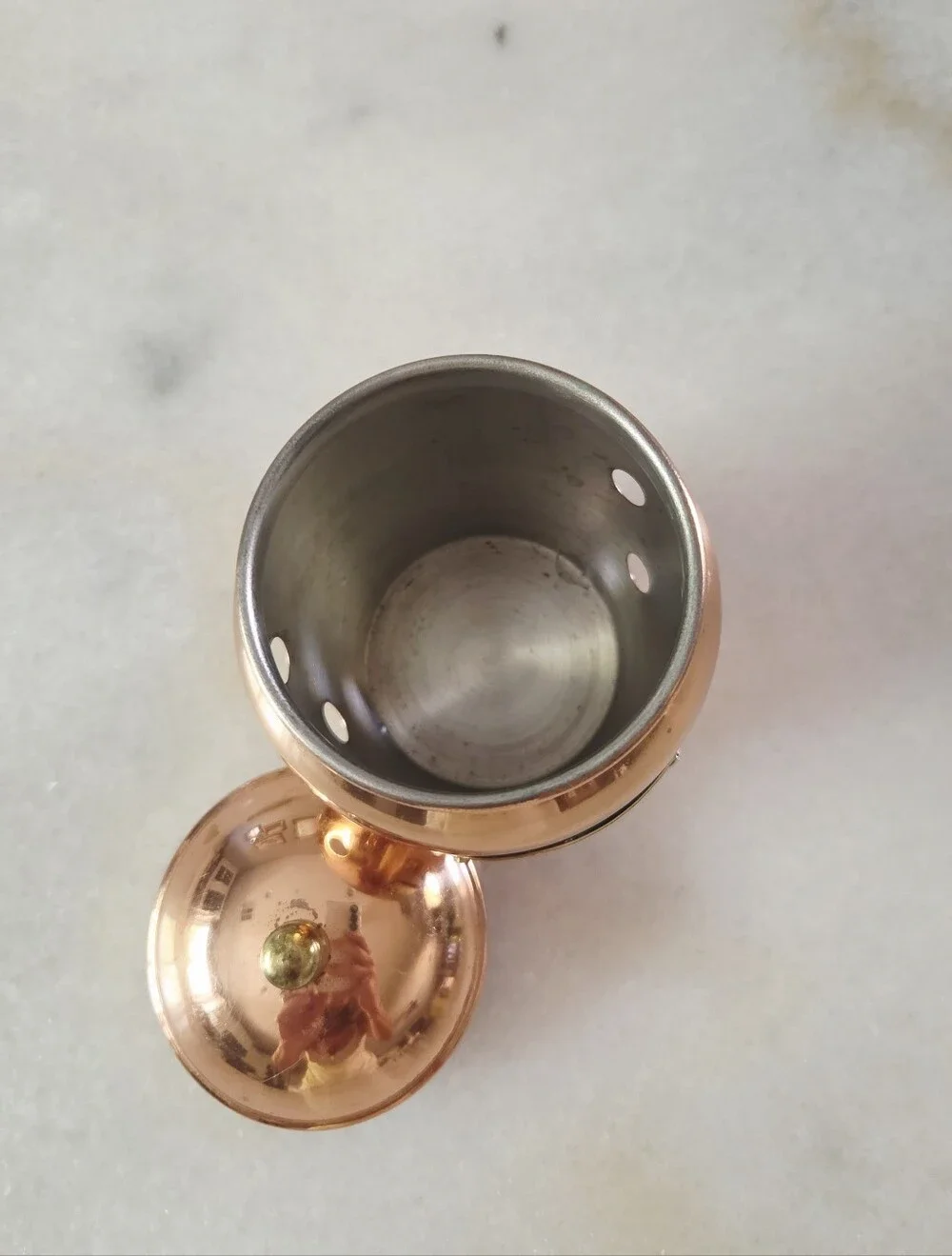 Vintage Copper Garlic Keeper Storage Jar + Lid, Brass Plaque, Ventilation Holes